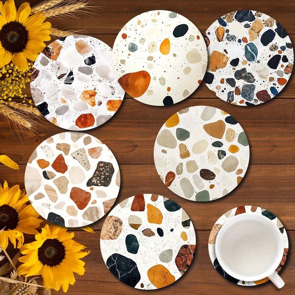 Stone Pattern Wooden Coasters Set – 6pcs Heat Resistant Coffee Cup Table Protection Mats