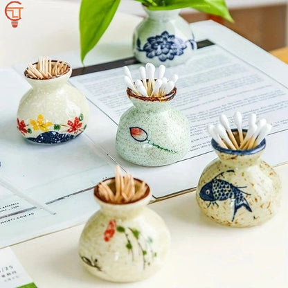 Chinese Style ceramic toothpick holder and cotton swab jar mini retro vase