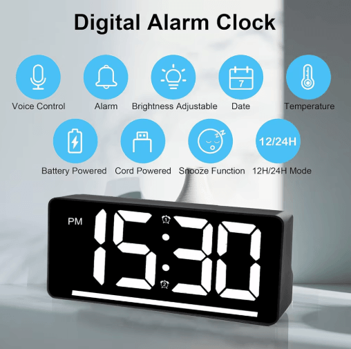 Large Display Digital Alarm Clock LED Desk Clock with Temperature & Night Light