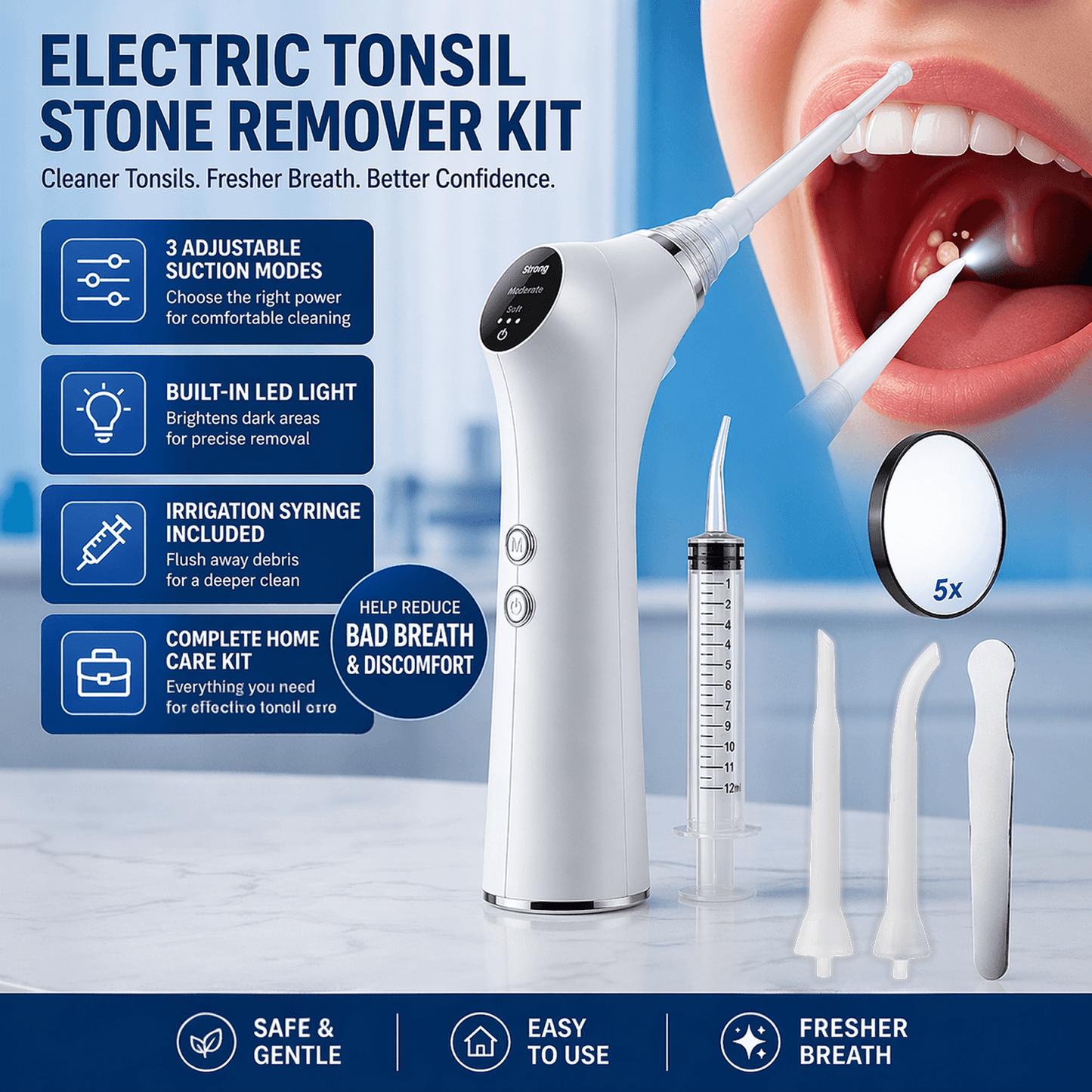 Electric Tonsil Stone Remover Kit, Tonsil Stone Removal Vacuum with LED Light, 3 Suction Modes & Irrigation Syringe...