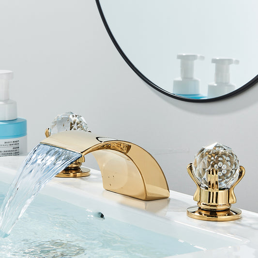 Luxury gold waterfall bathroom faucet with LED Light Hole Widespread Bathroom Sink Faucet