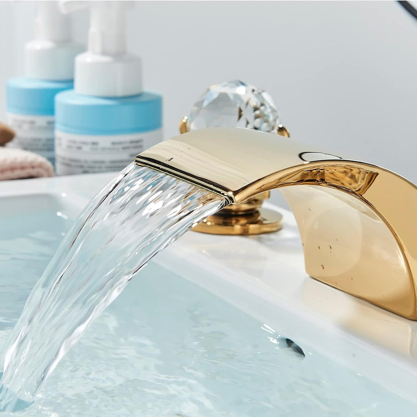 Luxury gold waterfall bathroom faucet with LED Light Hole Widespread Bathroom Sink Faucet