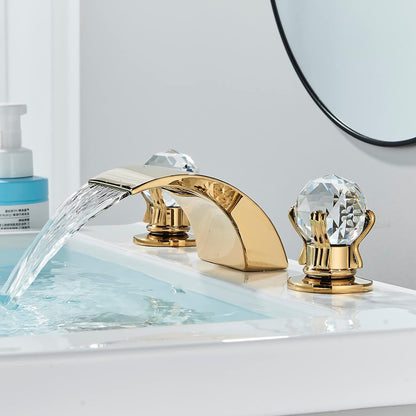 Luxury gold waterfall bathroom faucet with LED Light Hole Widespread Bathroom Sink Faucet
