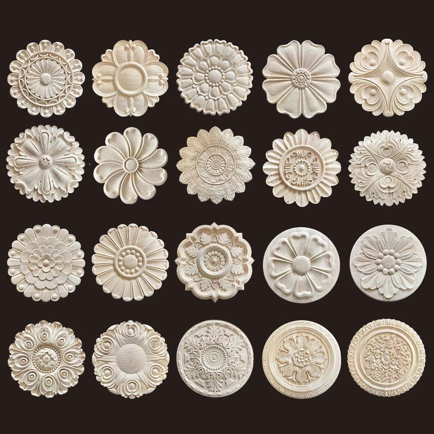 Hand-Carved Wooden Floral Applique – Decorative Furniture Onlay Accent for Doors, Cabinets & Home Decor
