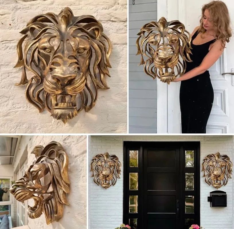 Gold Lion Head Wall Sculpture – 11in Luxury Resin Wall Art Decor for Bedroom & Living Room