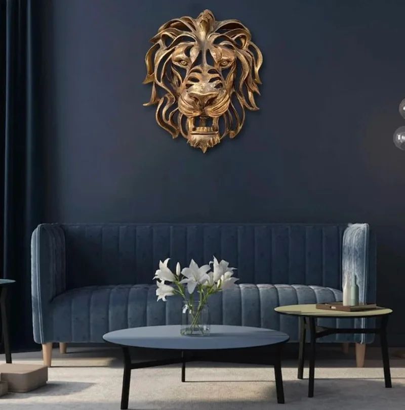 Gold Lion Head Wall Sculpture – 11in Luxury Resin Wall Art Decor for Bedroom & Living Room