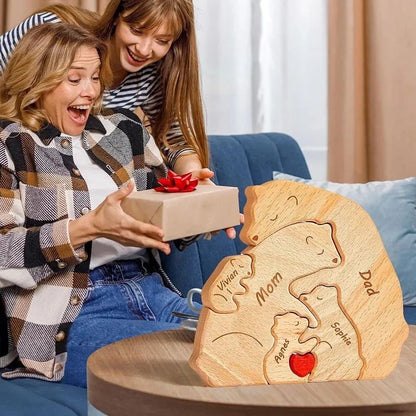 Personalized Bear Family Puzzle Ornament – Custom Engraved Wooden Name Decor for Mother's & Father's Day Gift