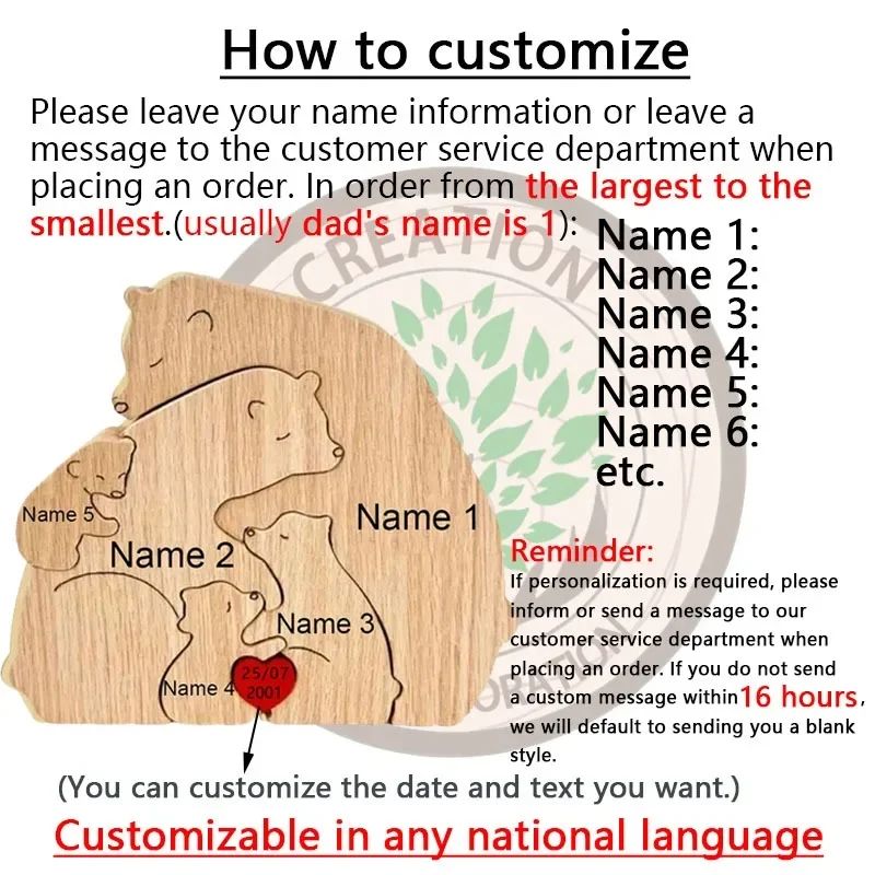 Personalized Bear Family Puzzle Ornament – Custom Engraved Wooden Name Decor for Mother's & Father's Day Gift