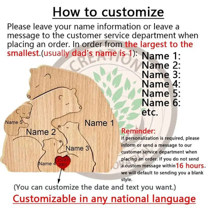 Personalized Bear Family Puzzle Ornament – Custom Engraved Wooden Name Decor for Mother's & Father's Day Gift