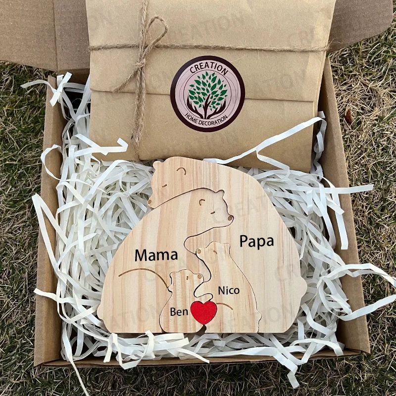 Personalized Bear Family Puzzle Ornament – Custom Engraved Wooden Name Decor for Mother's & Father's Day Gift