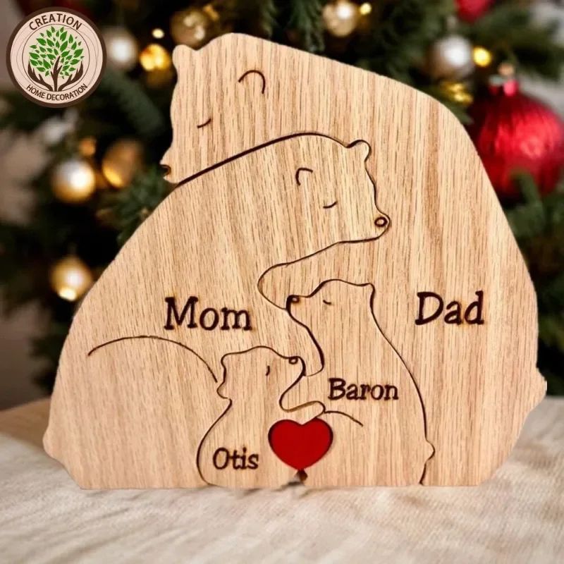 Personalized Bear Family Puzzle Ornament – Custom Engraved Wooden Name Decor for Mother's & Father's Day Gift