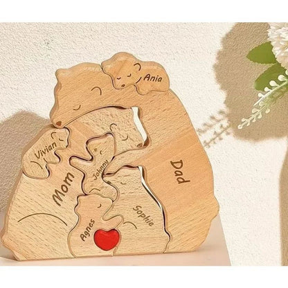 Personalized Bear Family Puzzle Ornament – Custom Engraved Wooden Name Decor for Mother's & Father's Day Gift