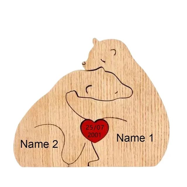 Personalized Bear Family Puzzle Ornament – Custom Engraved Wooden Name Decor for Mother's & Father's Day Gift