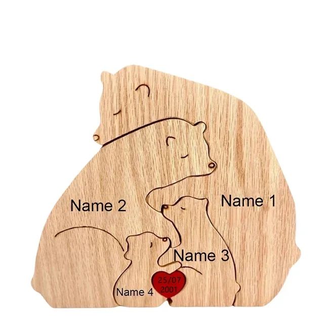 Personalized Bear Family Puzzle Ornament – Custom Engraved Wooden Name Decor for Mother's & Father's Day Gift