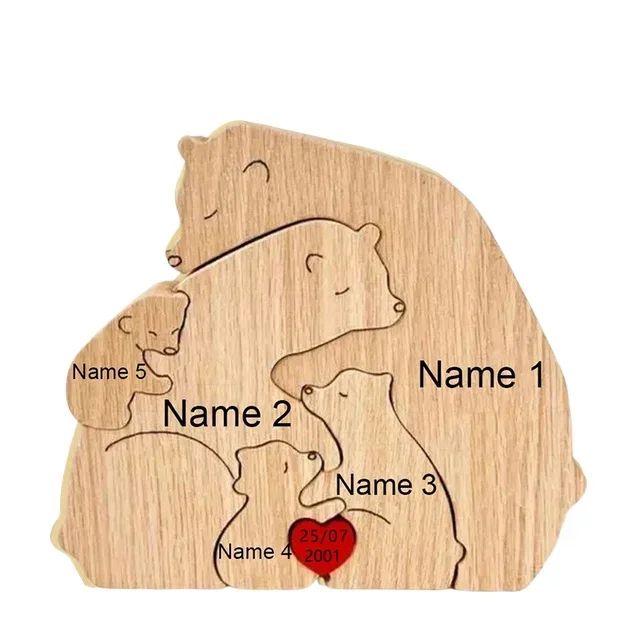 Personalized Bear Family Puzzle Ornament – Custom Engraved Wooden Name Decor for Mother's & Father's Day Gift