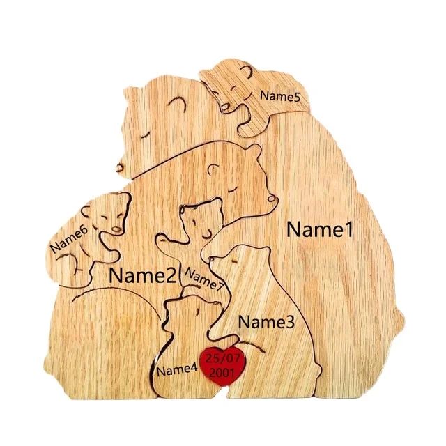 Personalized Bear Family Puzzle Ornament – Custom Engraved Wooden Name Decor for Mother's & Father's Day Gift