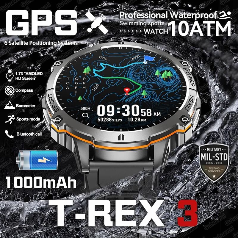 T-Rex 3 Military Grade Smartwatch | 10ATM Waterproof & GPS | Executive 1000mAh Battery AMOLED Sports System