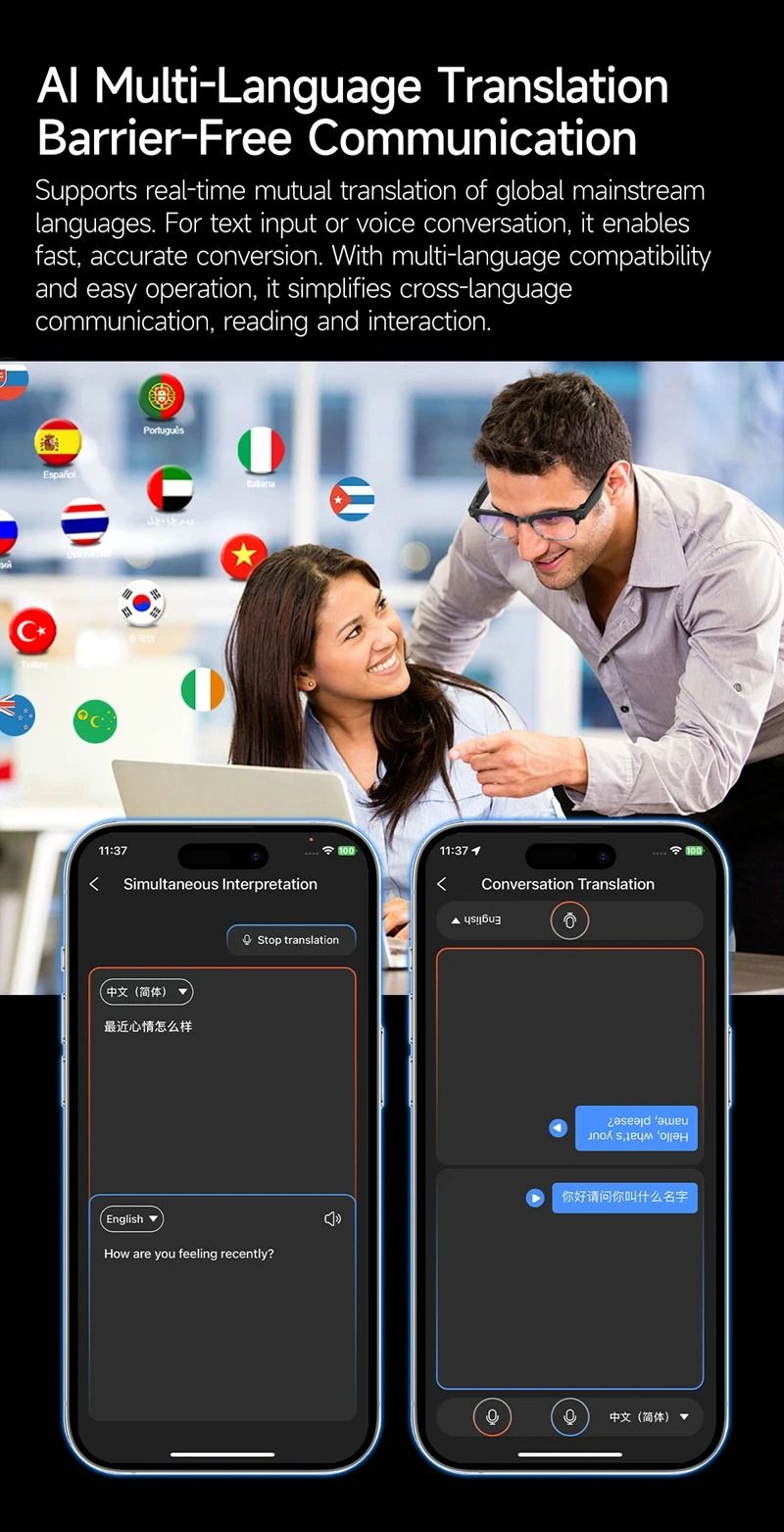 4K AI Translation Smart Glasses with Camera, Bluetooth Calls & Voice Assistant