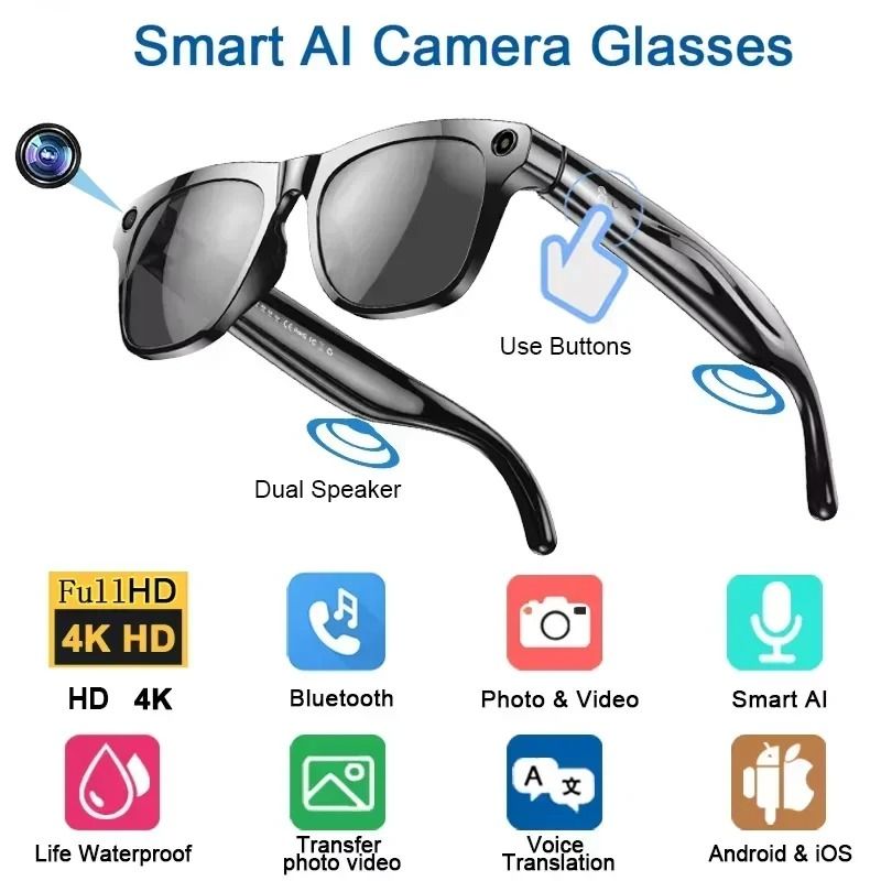 4K AI Translation Smart Glasses with Camera, Bluetooth Calls & Voice Assistant