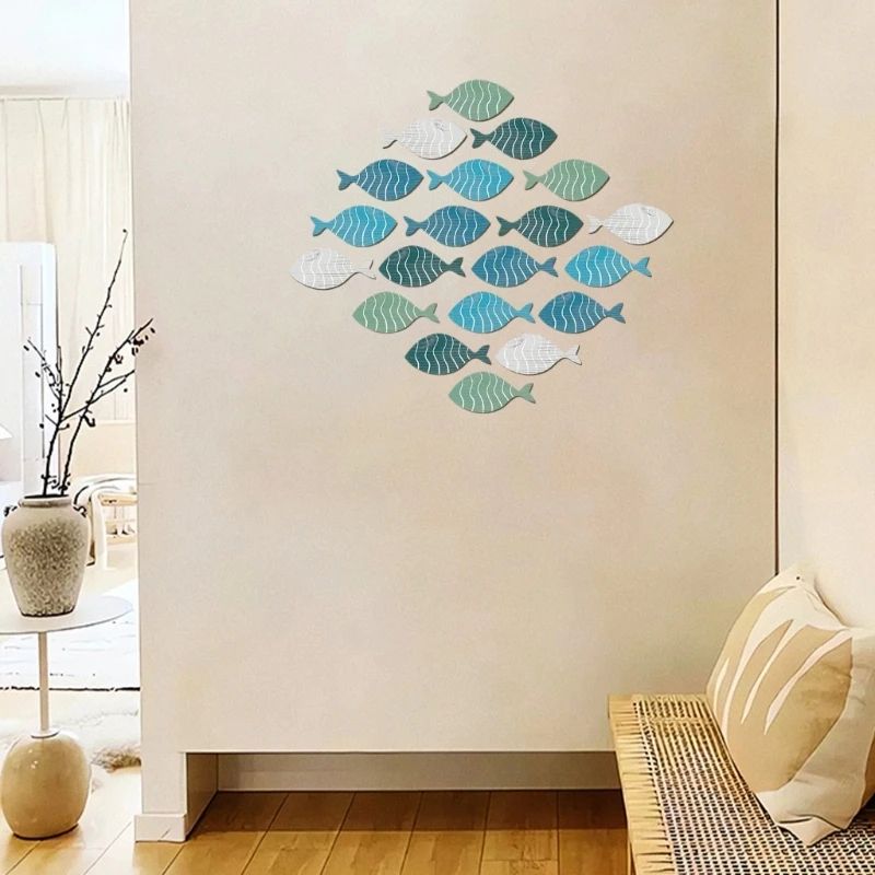 Coastal Wooden Fish Wall Decor Set – Rustic Beach House Hanging Ornaments (20pcs)