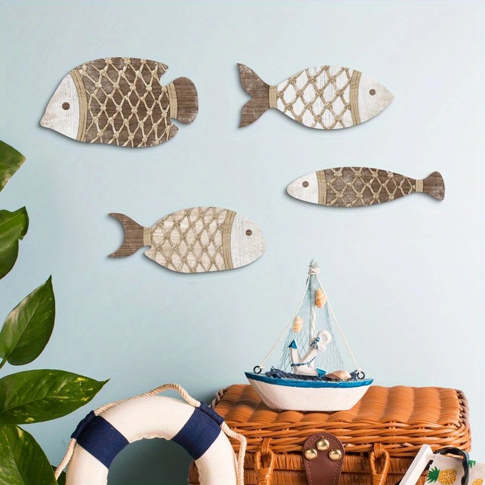 4pcs Tropical Fish Wooden Wall Art – Rustic Nautical 2D Hanging Decor for Coastal Home Styling