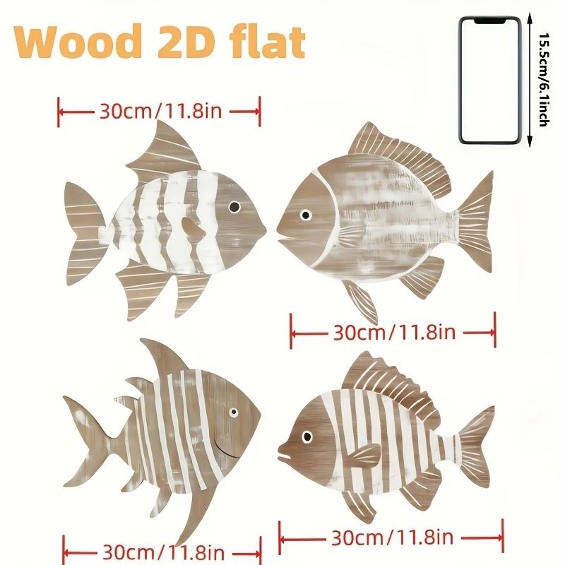 4pcs Tropical Fish Wooden Wall Art – Rustic Nautical 2D Hanging Decor for Coastal Home Styling