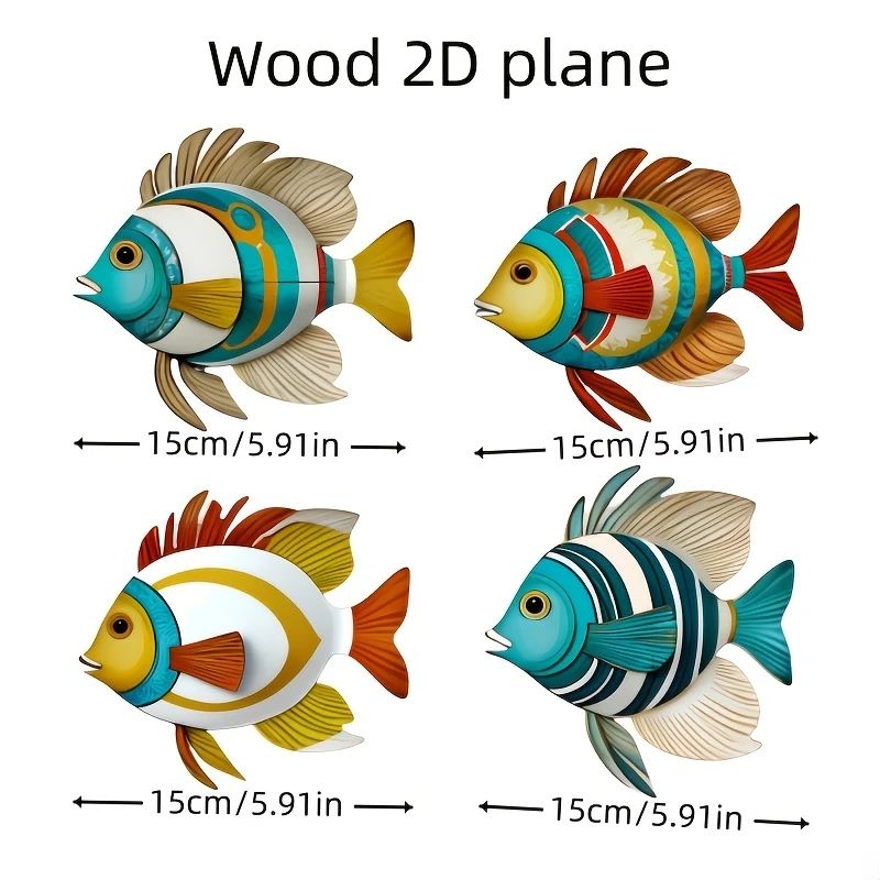 4pcs Tropical Fish Wooden Wall Art – Rustic Nautical 2D Hanging Decor for Coastal Home Styling