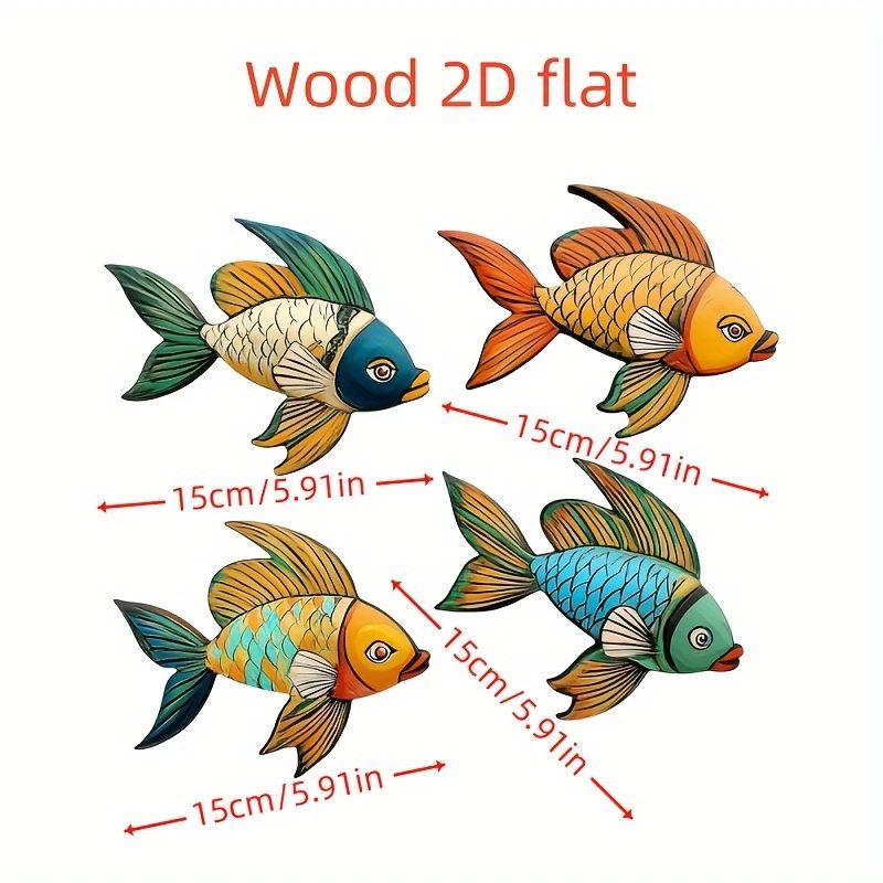 4pcs Tropical Fish Wooden Wall Art – Rustic Nautical 2D Hanging Decor for Coastal Home Styling