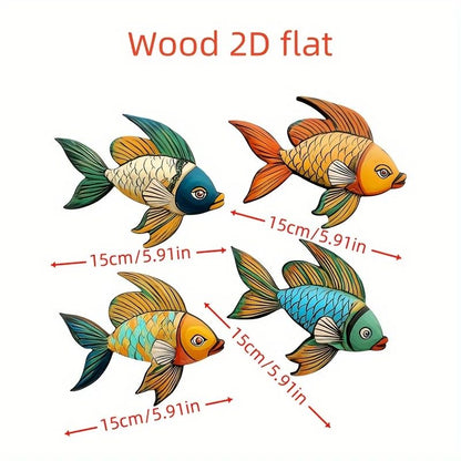 4pcs Tropical Fish Wooden Wall Art – Rustic Nautical 2D Hanging Decor for Coastal Home Styling