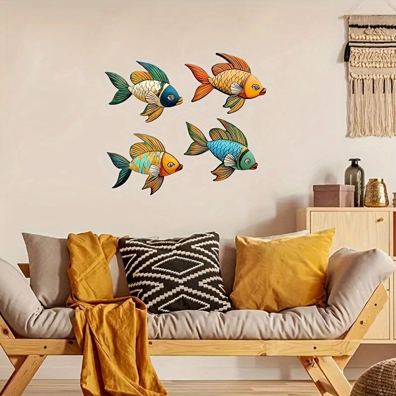 4pcs Tropical Fish Wooden Wall Art – Rustic Nautical 2D Hanging Decor for Coastal Home Styling