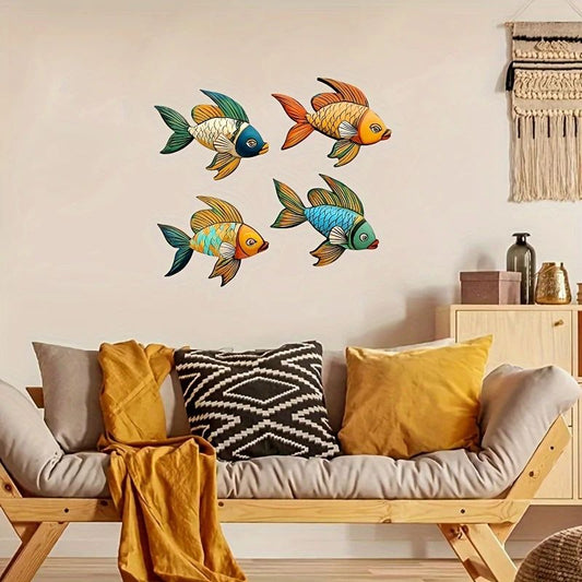 4pcs Tropical Fish Wooden Wall Art – Rustic Nautical 2D Hanging Decor for Coastal Home Styling