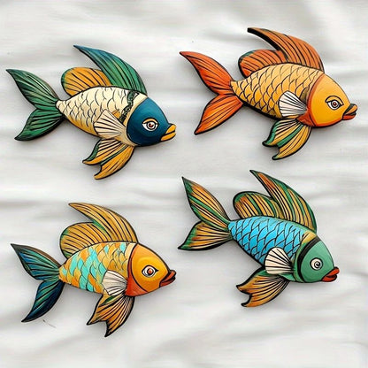 4pcs Tropical Fish Wooden Wall Art – Rustic Nautical 2D Hanging Decor for Coastal Home Styling