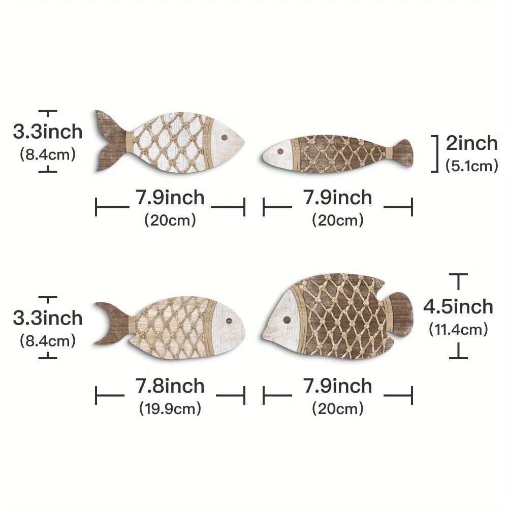 4pcs Tropical Fish Wooden Wall Art – Rustic Nautical 2D Hanging Decor for Coastal Home Styling