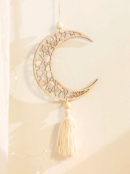 Wooden Ramadan Hanging Ornaments with Tassels – Eid Mubarak Moon Decor for Islamic Home & Gifts