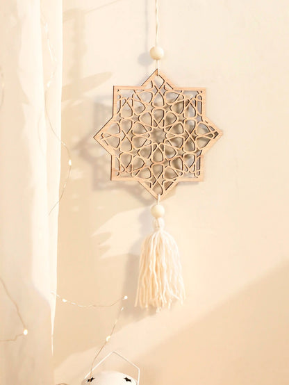 Wooden Ramadan Hanging Ornaments with Tassels – Eid Mubarak Moon Decor for Islamic Home & Gifts