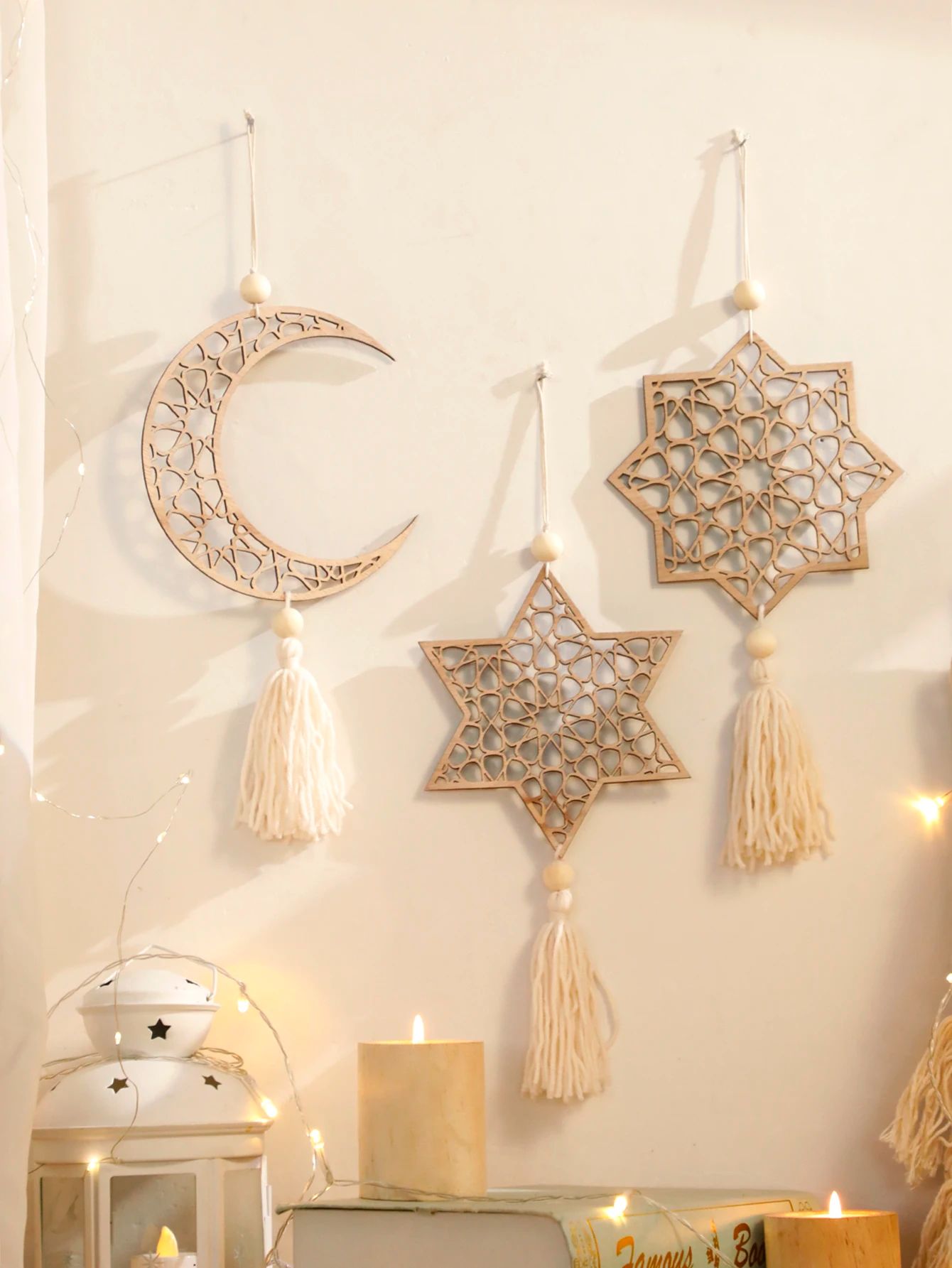 Wooden Ramadan Hanging Ornaments with Tassels – Eid Mubarak Moon Decor for Islamic Home & Gifts