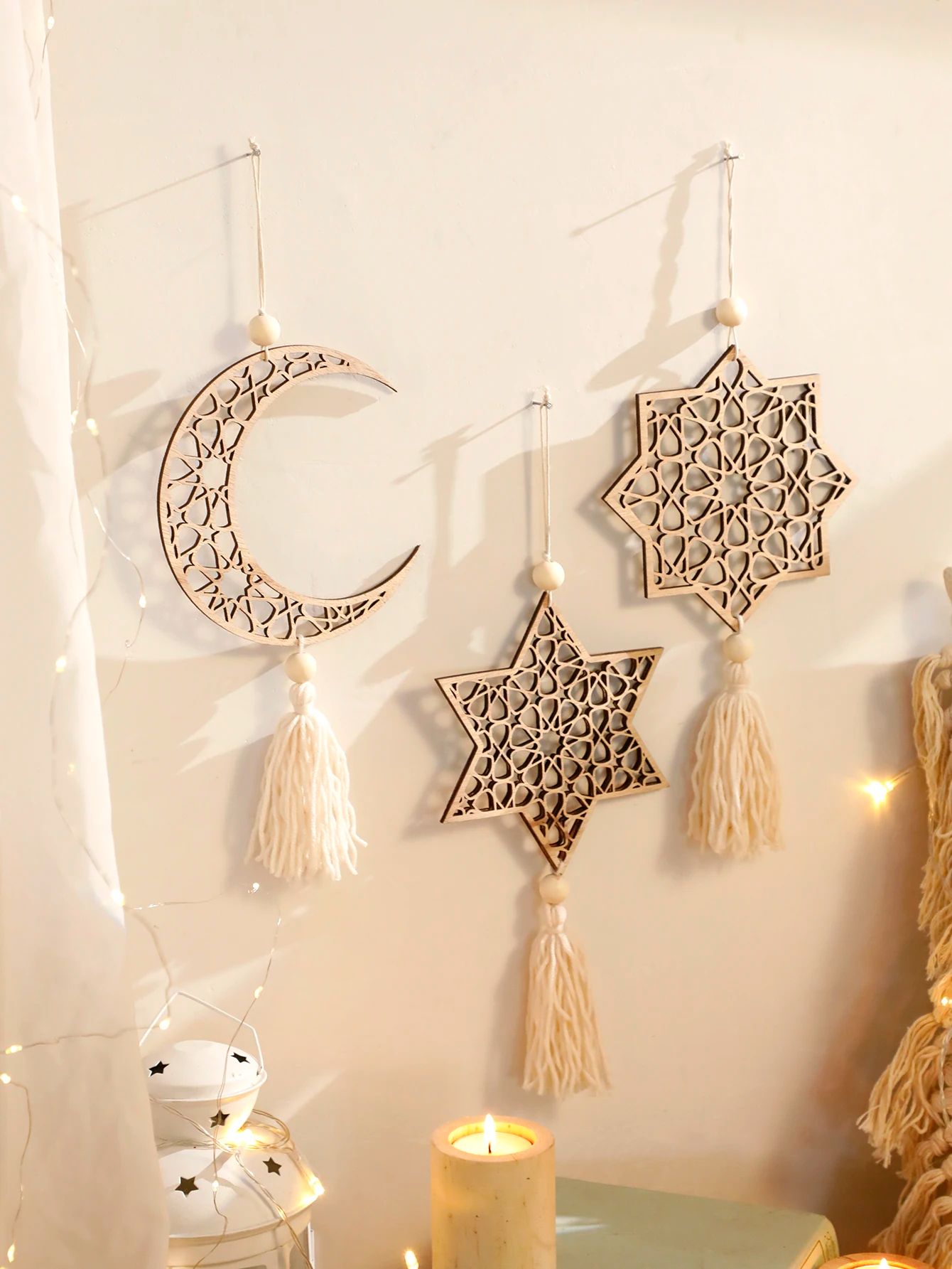 Wooden Ramadan Hanging Ornaments with Tassels – Eid Mubarak Moon Decor for Islamic Home & Gifts
