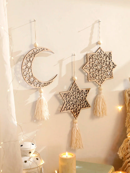 Wooden Ramadan Hanging Ornaments with Tassels – Eid Mubarak Moon Decor for Islamic Home & Gifts