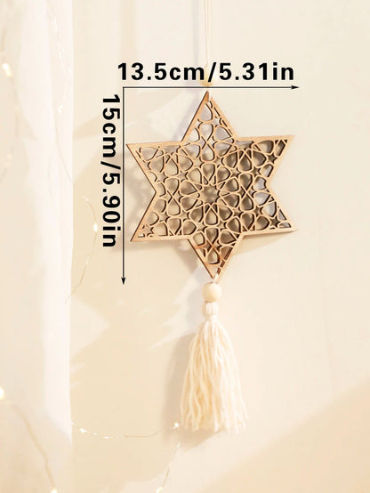 Wooden Ramadan Hanging Ornaments with Tassels – Eid Mubarak Moon Decor for Islamic Home & Gifts
