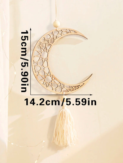 Wooden Ramadan Hanging Ornaments with Tassels – Eid Mubarak Moon Decor for Islamic Home & Gifts