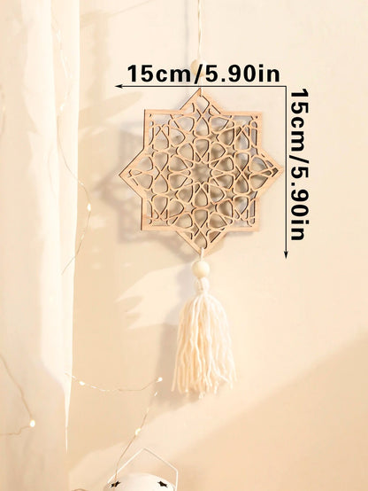 Wooden Ramadan Hanging Ornaments with Tassels – Eid Mubarak Moon Decor for Islamic Home & Gifts