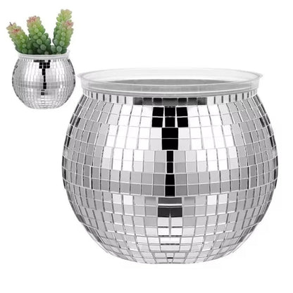 Disco Ball Flower Pot – Silver Mirror Glass Planter – High-Yield Botanical Interaction Hub