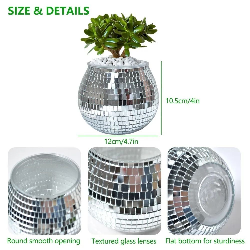 Disco Ball Flower Pot – Silver Mirror Glass Planter – High-Yield Botanical Interaction Hub