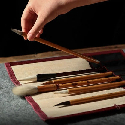 Retro Bamboo Calligraphy Brush Roll | High-Fidelity Professional Art Curtain & Large Capacity Pouch