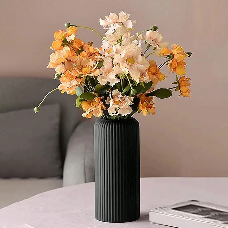 Striped Ceramic-Look Plastic Flower Vase – Minimalist Decorative Floral Display Vase