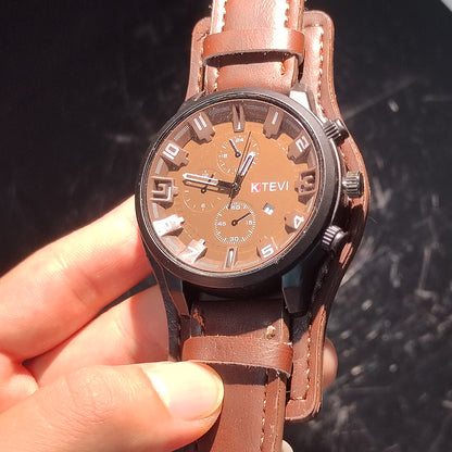 Retro Military Leather Watch for Men Big Dial Quartz Business Wristwatch with Calendar