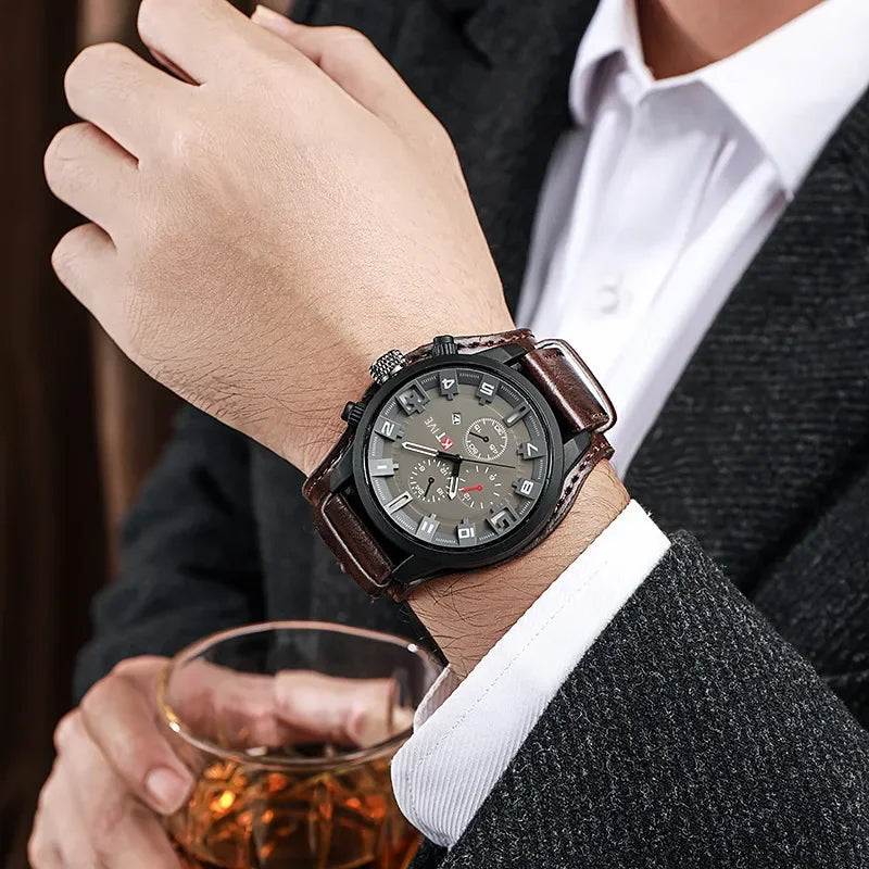 Retro Military Leather Watch for Men Big Dial Quartz Business Wristwatch with Calendar