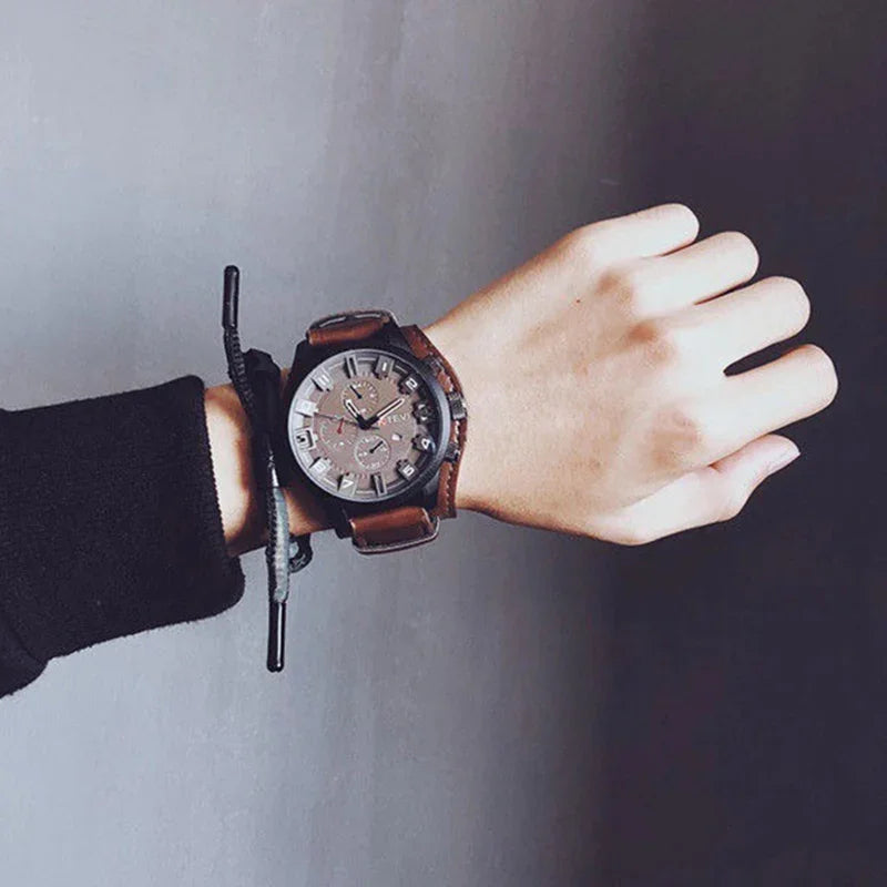 Retro Military Leather Watch for Men Big Dial Quartz Business Wristwatch with Calendar