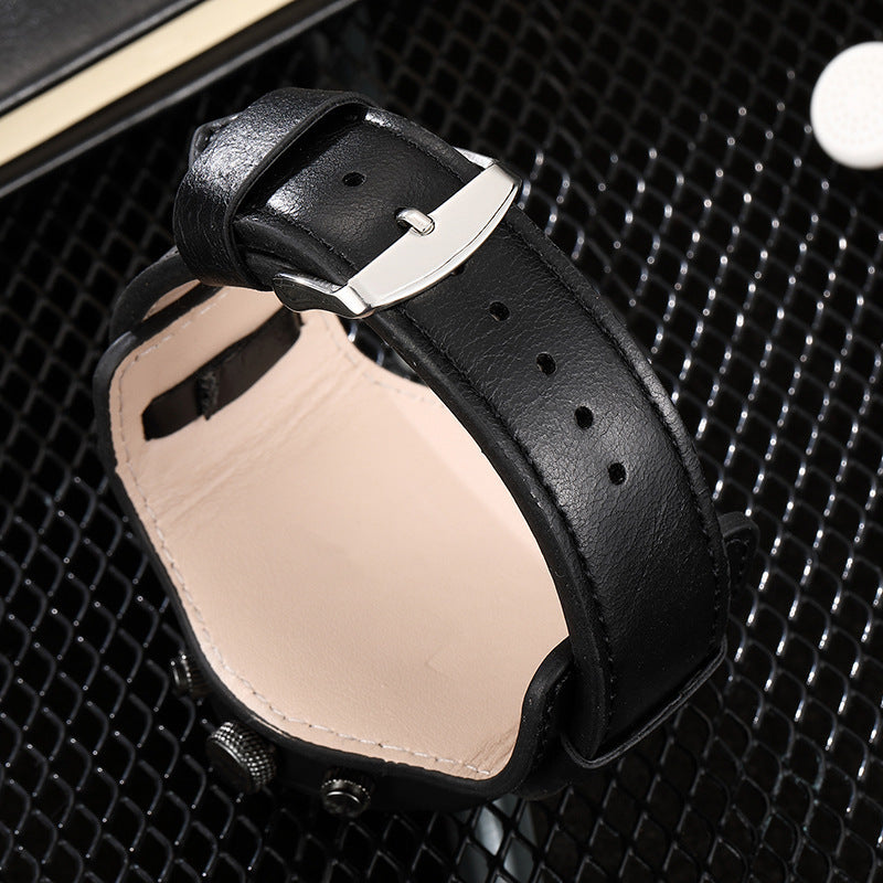 Retro Military Leather Watch for Men Big Dial Quartz Business Wristwatch with Calendar