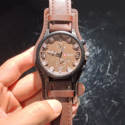 Retro Military Leather Watch for Men Big Dial Quartz Business Wristwatch with Calendar